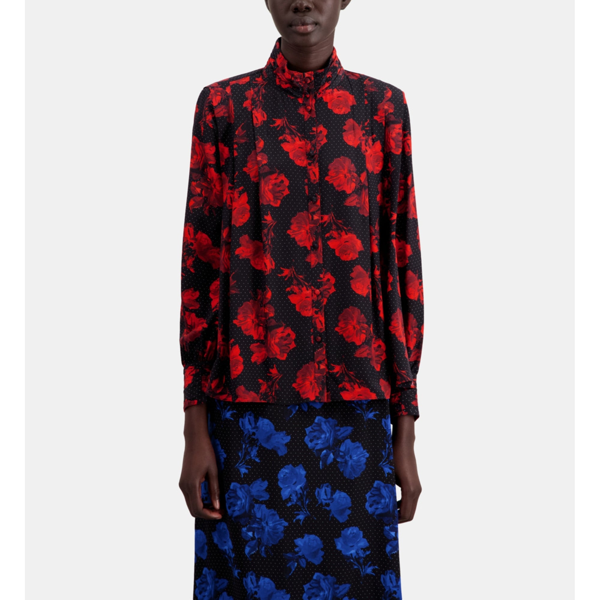 Printed Silk Top With Pleating | Women | Black x Red