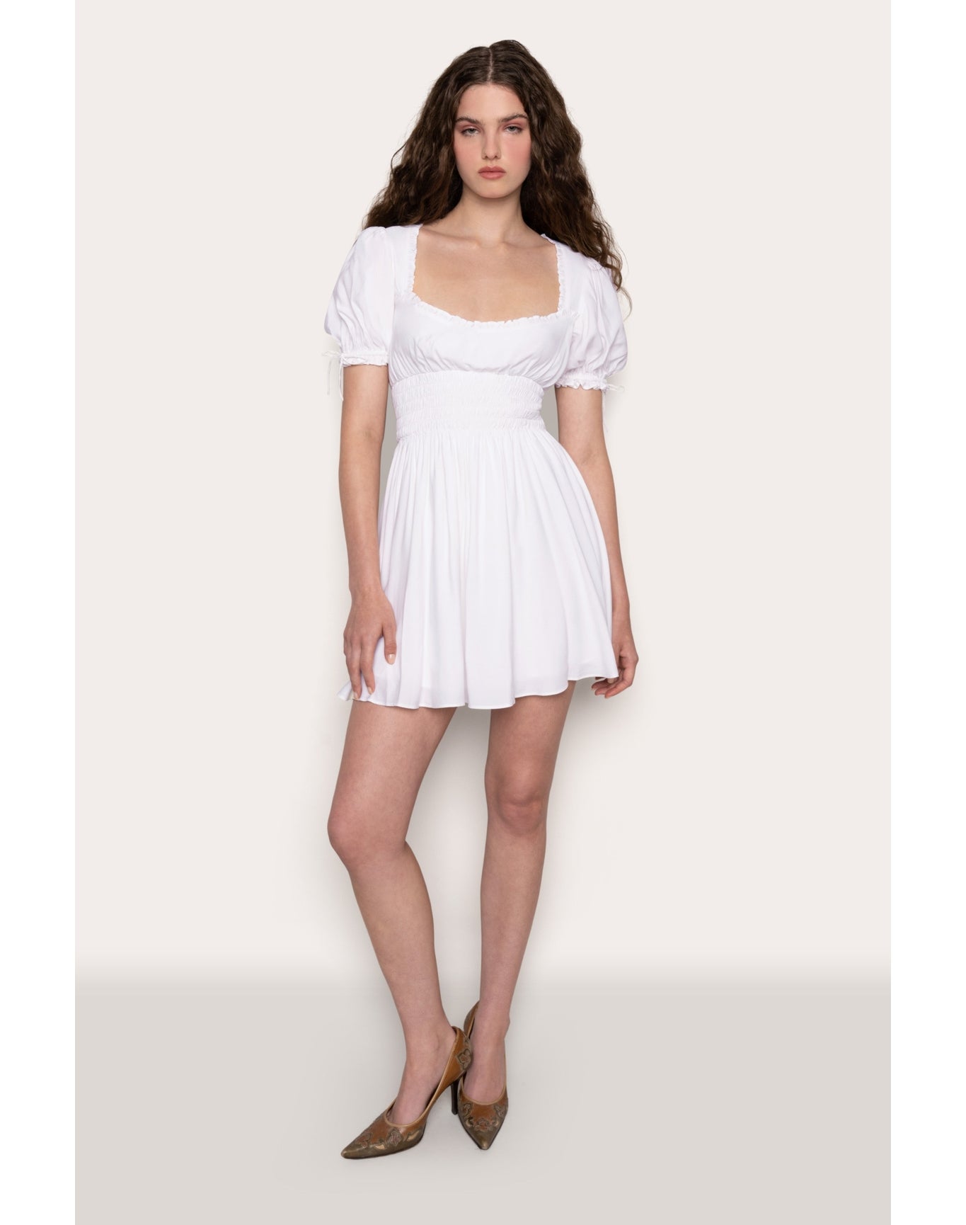 Puff Sleeve Ruched Flare Dress | White