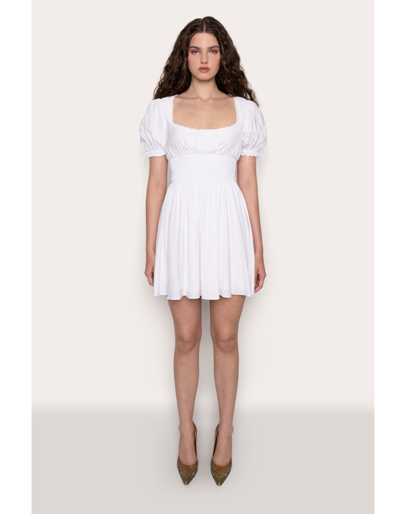 Puff Sleeve Ruched Flare Dress | White
