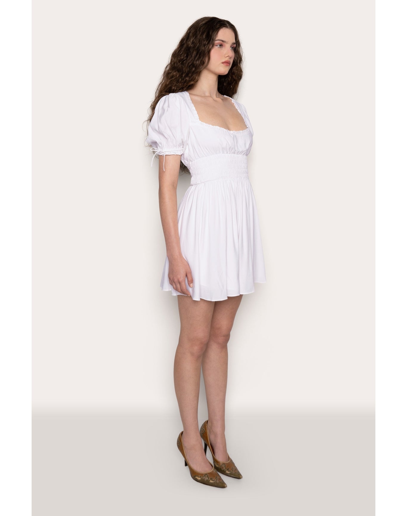 Puff Sleeve Ruched Flare Dress | White