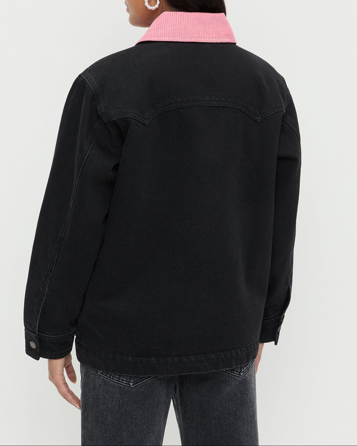 Quincy Jacket in black denim and pink corduroy and Winona Denim Barrel Pant in washed black.