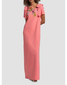 Embroidered Bateau Neck Column Gown With Shoulder Bow | Sunset