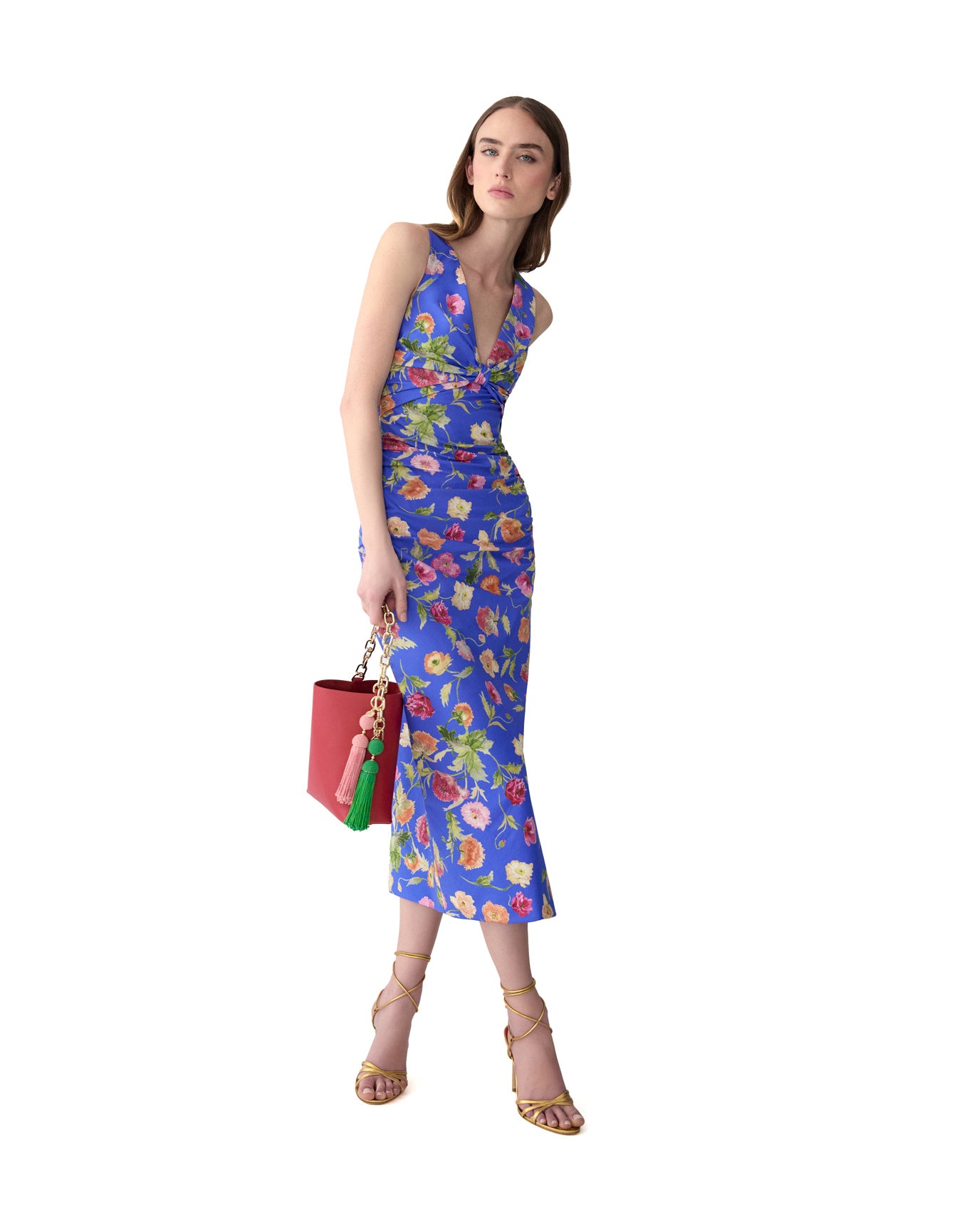 Sleeveless Gathered V-Neck Midi Dress | Bluebell Multi