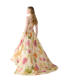 Strapless Pleated High-Low Gown | Almond Multi