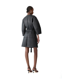 Arc Sleeve Crewneck Leather Coat | Black