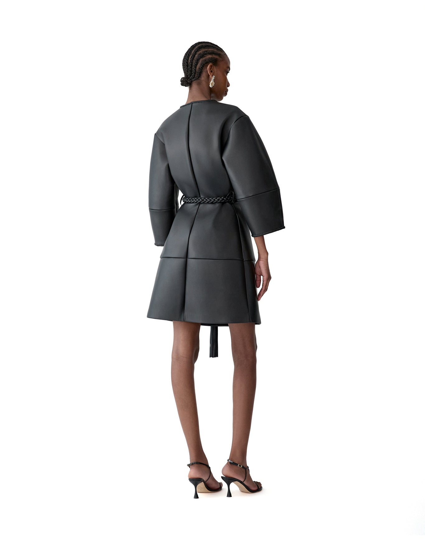 Arc Sleeve Crewneck Leather Coat | Black