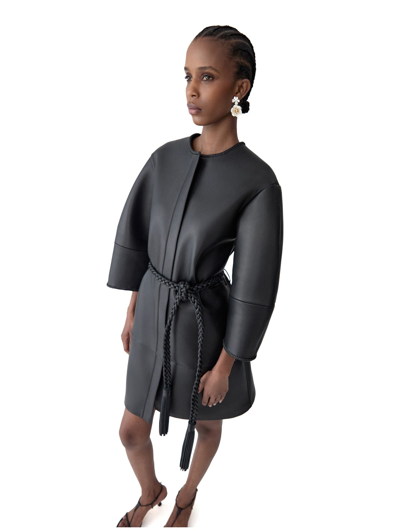 Arc Sleeve Crewneck Leather Coat | Black