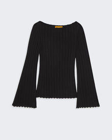 Rib Flare Top - Black, fine-weight ribbed cashmere boatneck with flared sleeves and scalloped edges.