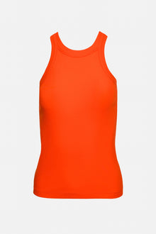 Model wears a high neck bright orange tank top. 