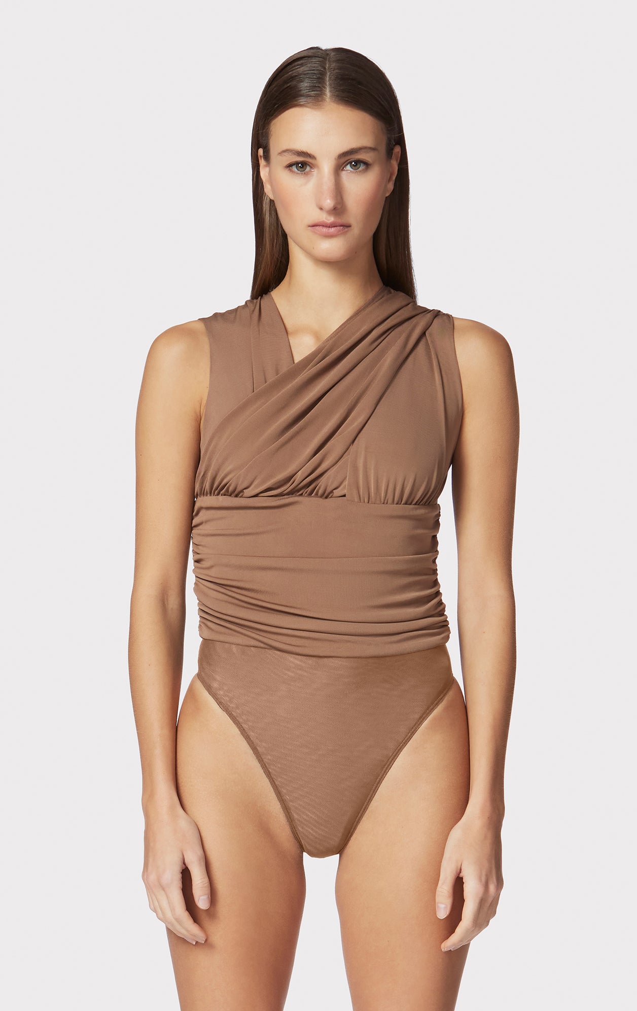 Ruched Jersey Plunge Bodysuit | Toffee