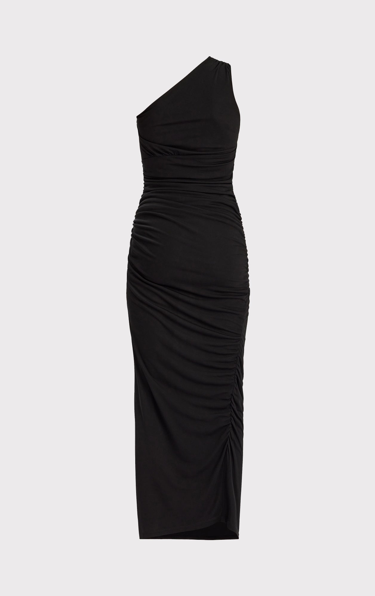 Ruched Jersey One Shoulder Midi Dress | Black