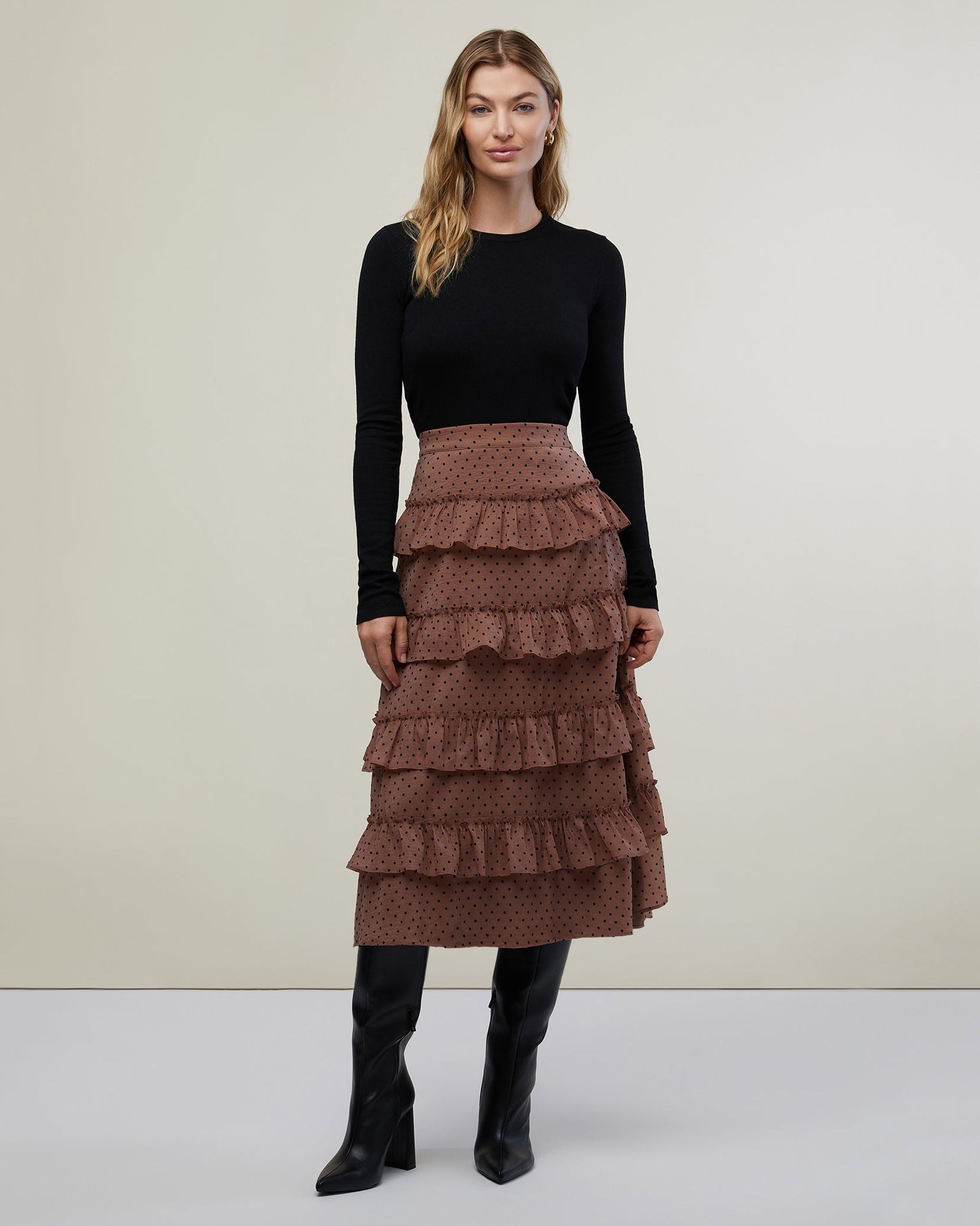 Tiered Ruffle Midi Skirt | Nude