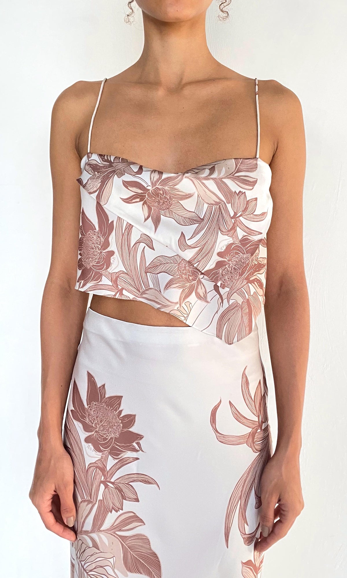 Rococo Sand | Cali Polyester Satin Lycra Scarf Cowl Top | Off-White Brown