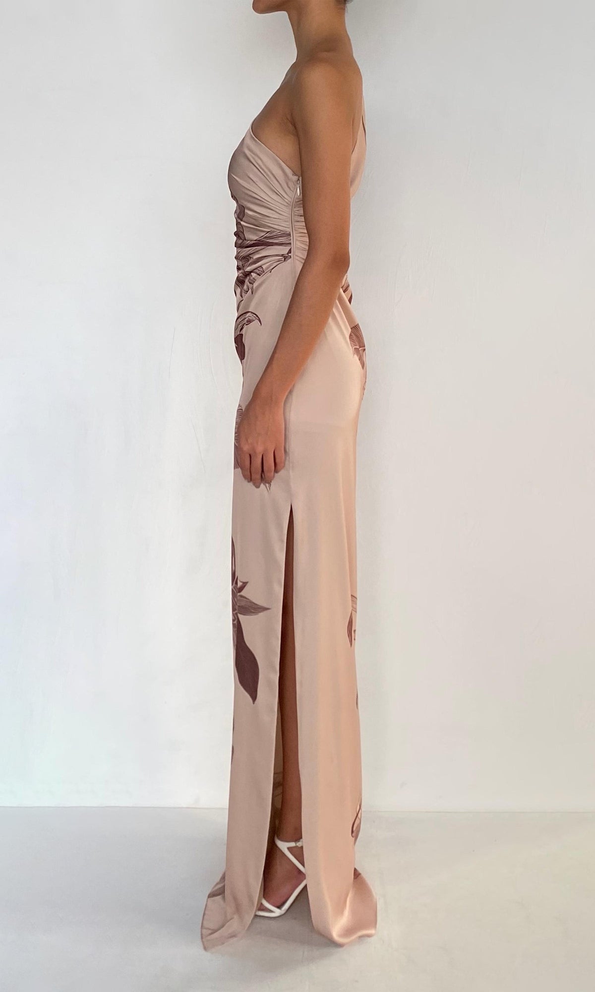 Womens | Cali Polyester Satin Lycra One Shoulder Ruched Maxi Dress | Beige Brown