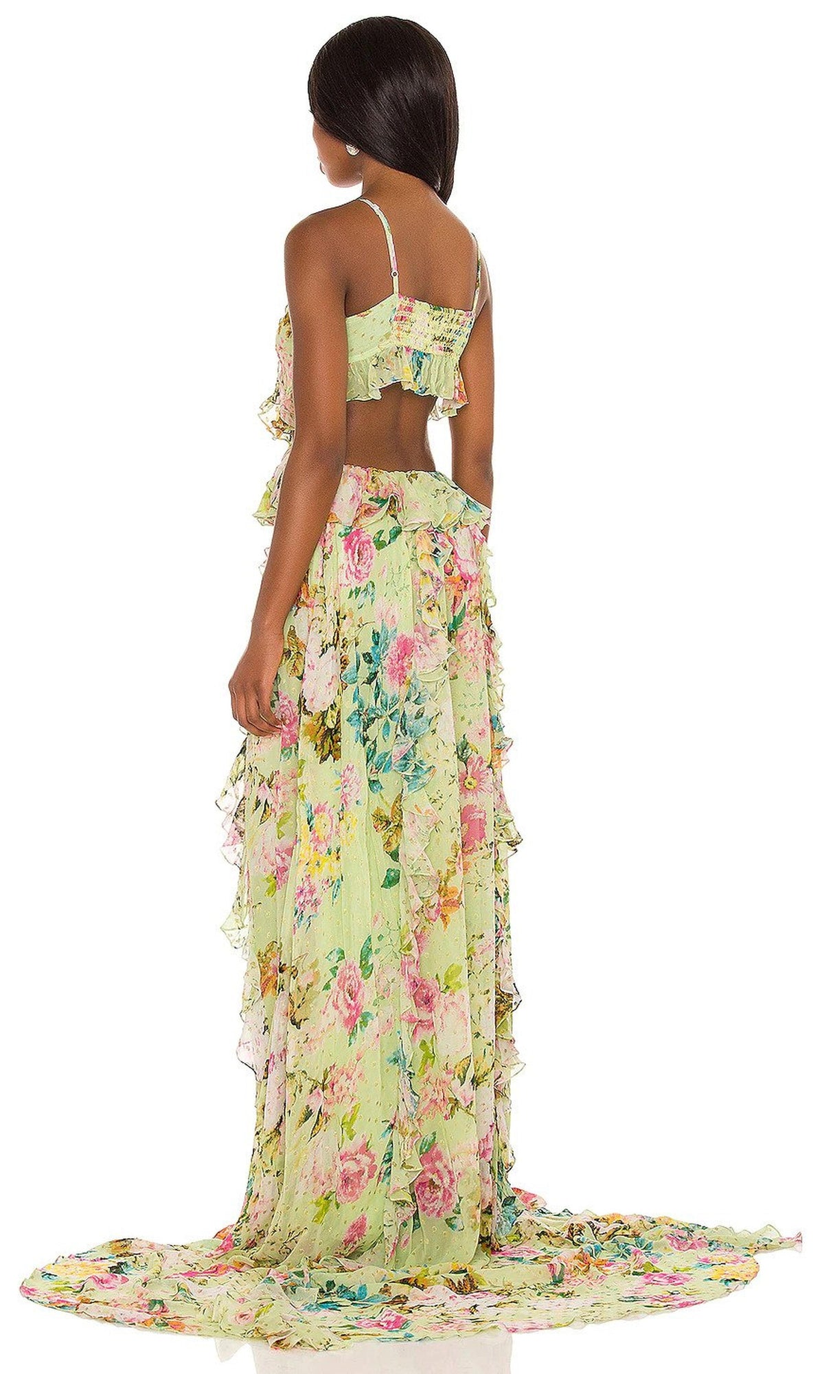 Rococo Sand | Inv Viscose Georgette Gold Buta Long Dress | Lime