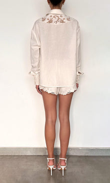 Rococo Sand | Eli Thin Linen Cotton Embroidered Over Sized Shirt | White