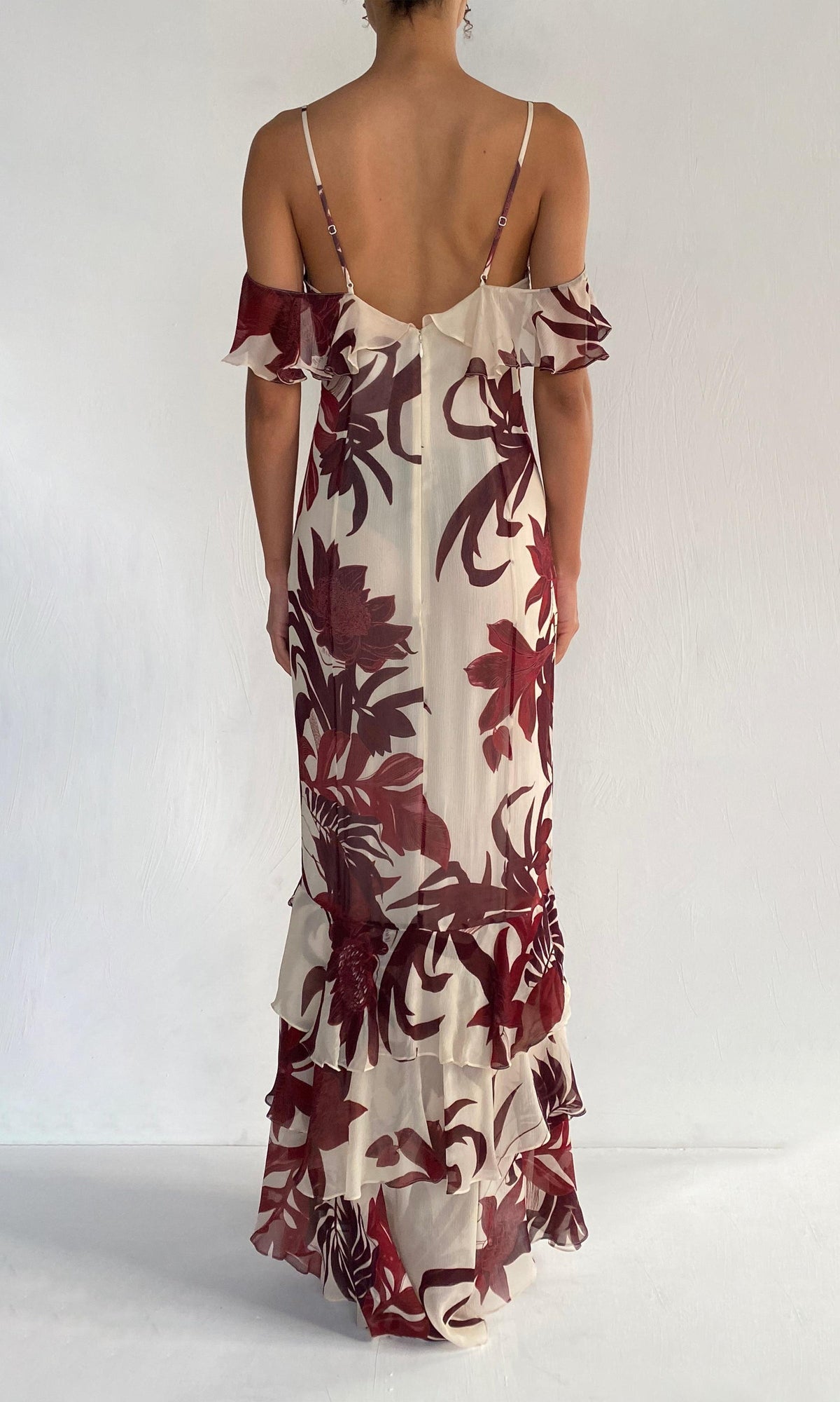 Rococo Sand | Eve Viscose Crinkle Chiffon High Low Maxi Dress | Pink Burgundy