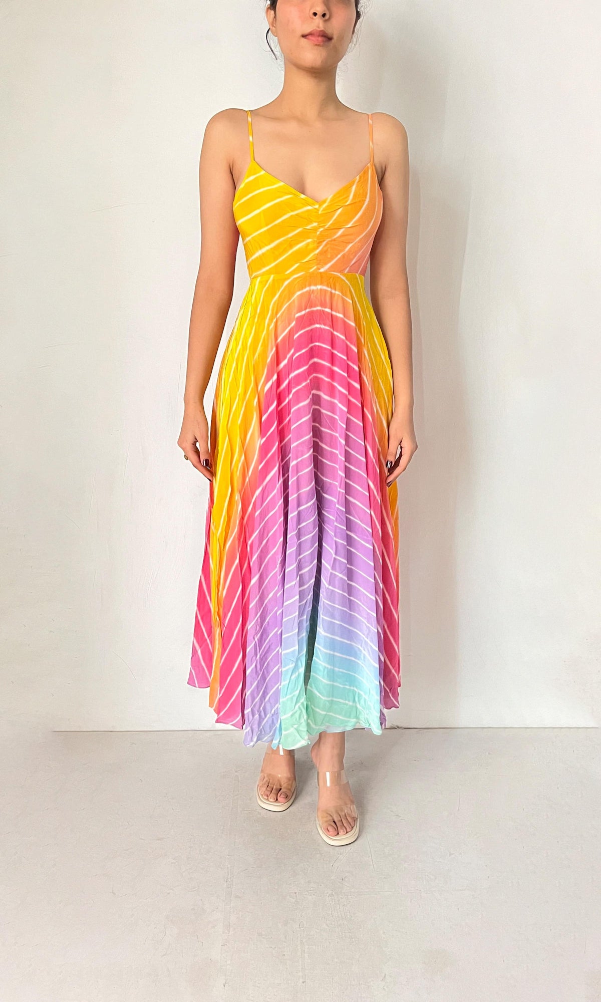 Rococo Sand | Evie Tanish Crepe Long Dress | Rainbow