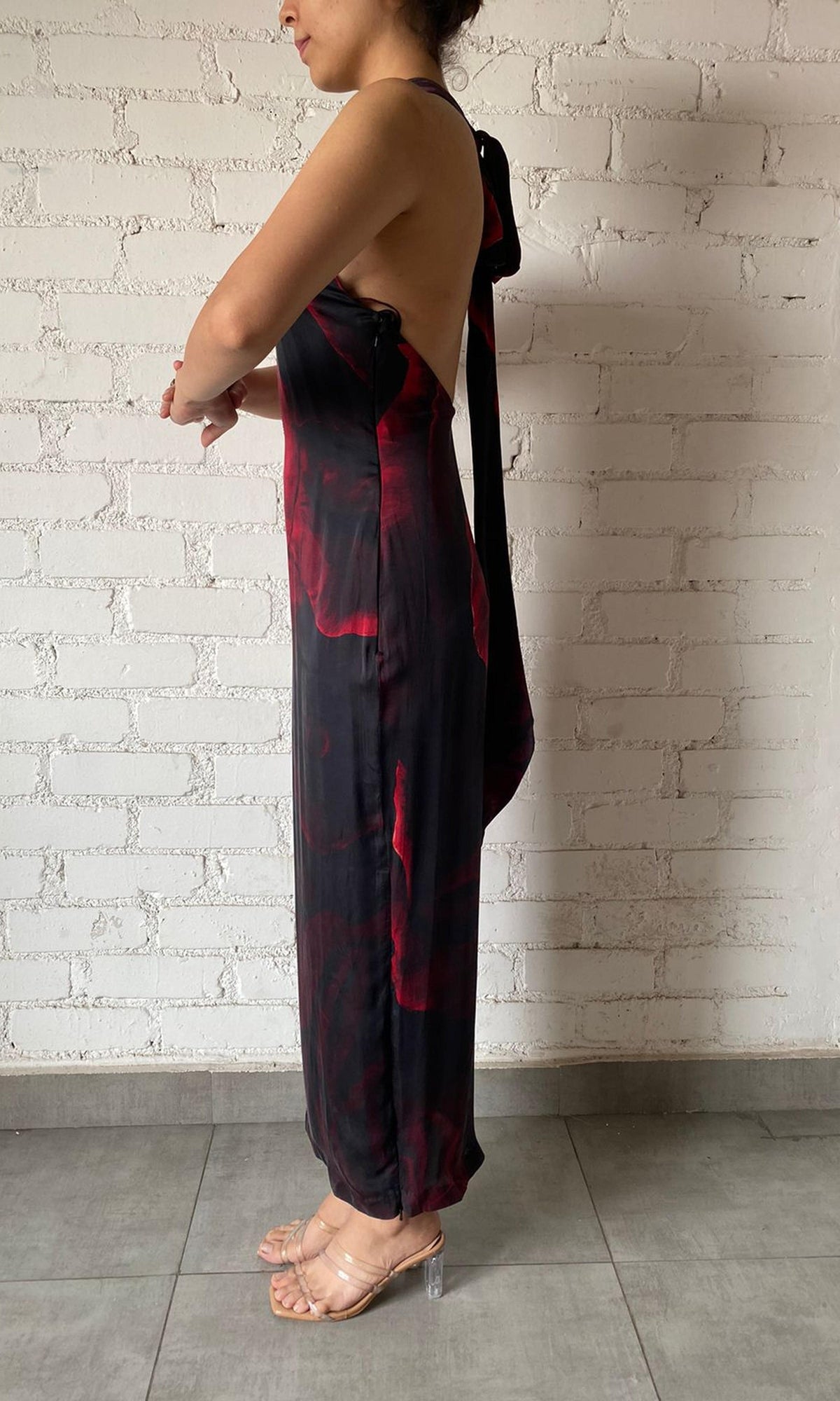 Womens | Inv Polyester Satin Long Dress | Black&Red