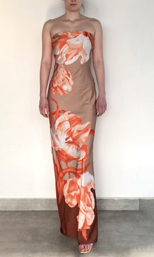 Womens | Jesse Polyester Satin Lycra Strapless Maxi Dress | Beige