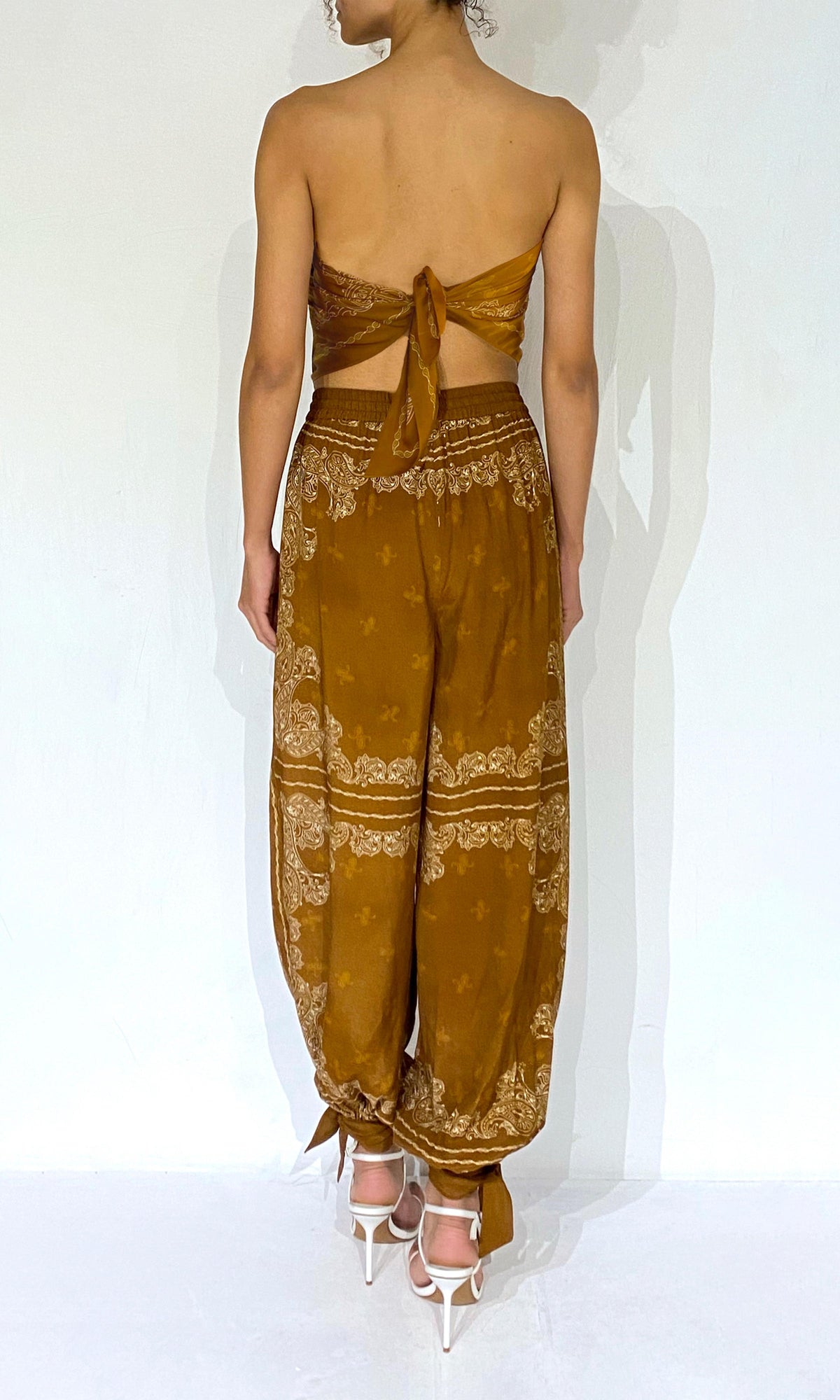 Rococo Sand | Kira Bemberg Cupro Satin Scarf Top | Off-White Brown
