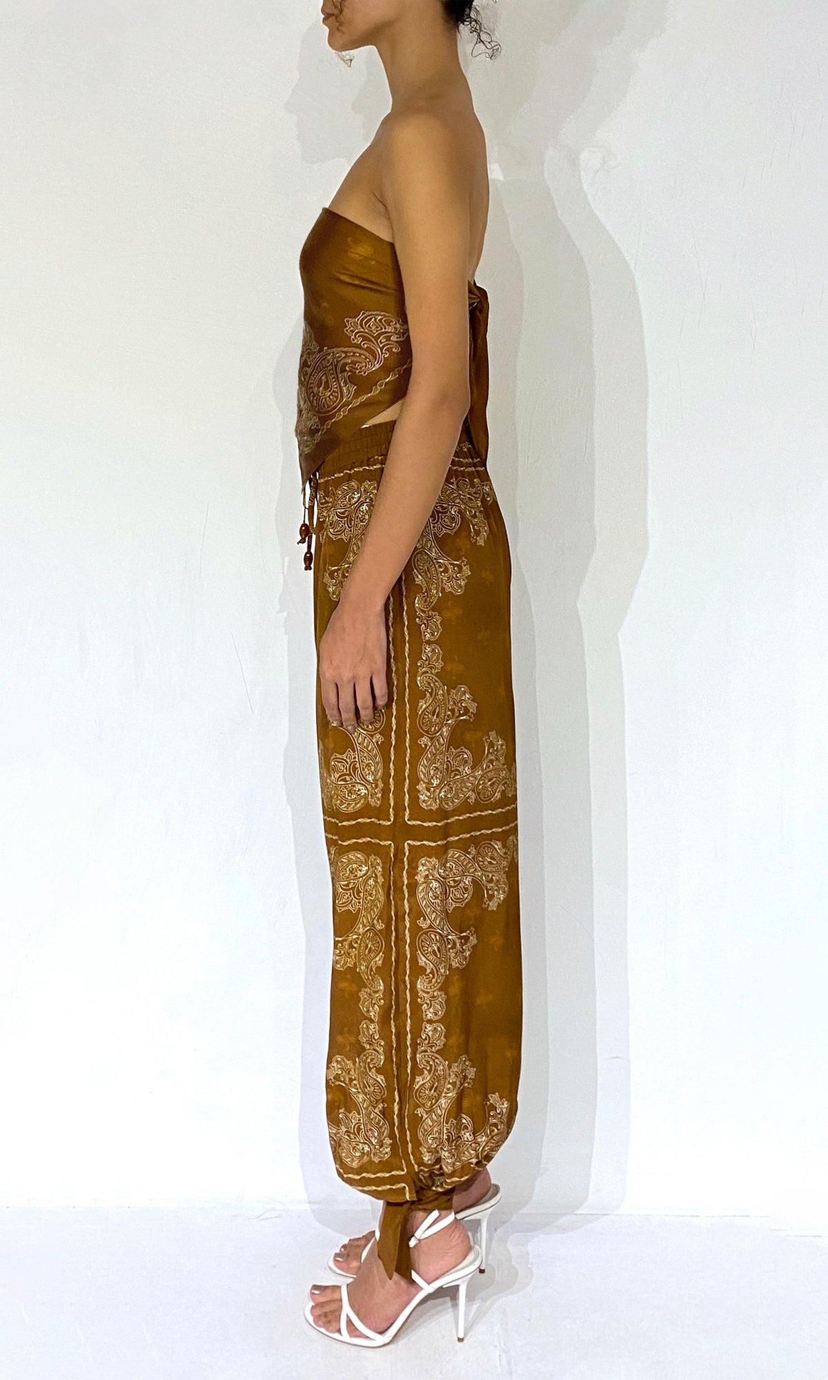 Rococo Sand | Kira Bemberg Cupro Satin Scarf Top | Off-White Brown
