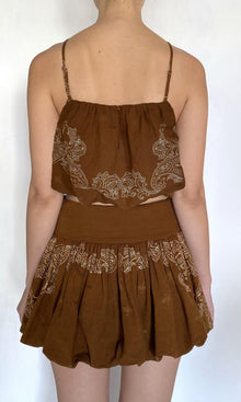 Womens | Kira Linen Cotton Square Neck Bubble Top | Brown