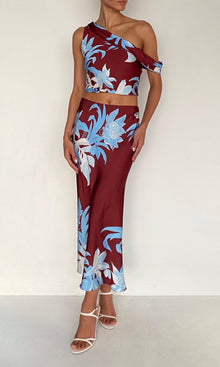 Womens | Lia Polyester Satin Lycra Midi Skirt | Burgundy Blue