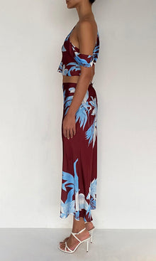 Womens | Lia Polyester Satin Lycra Midi Skirt | Burgundy Blue