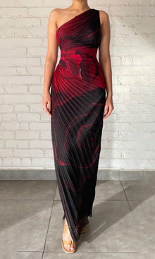Rococo Sand | Naia Polyester Crinkle Chiffon One Shoulder Pleated Maxi Dress | Black Red