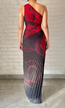 Rococo Sand | Naia Polyester Crinkle Chiffon One Shoulder Pleated Maxi Dress | Black Red