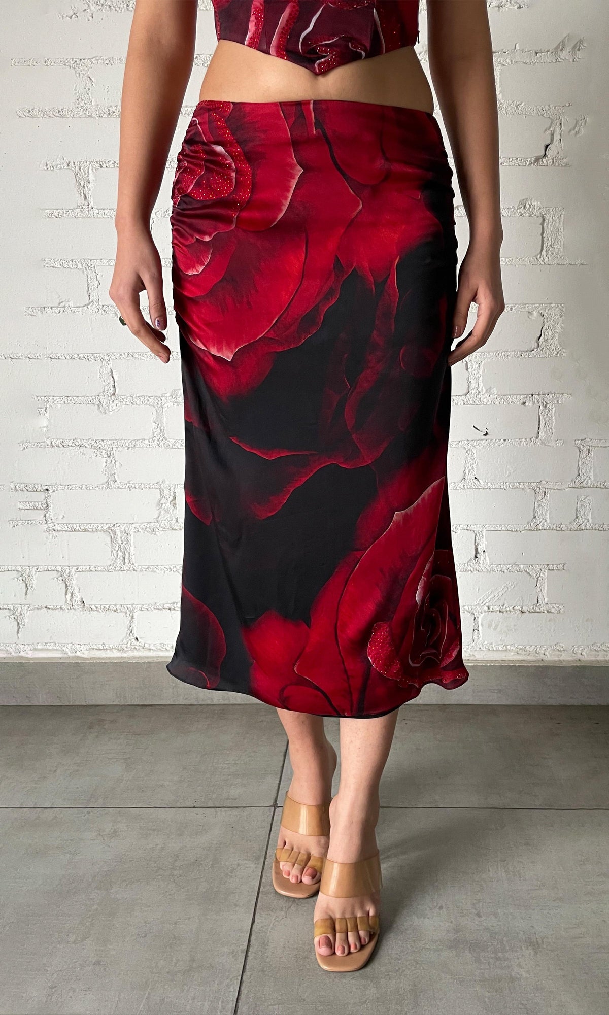 Womens | Naia Viscose Satin Embellished Skirt | Black Red