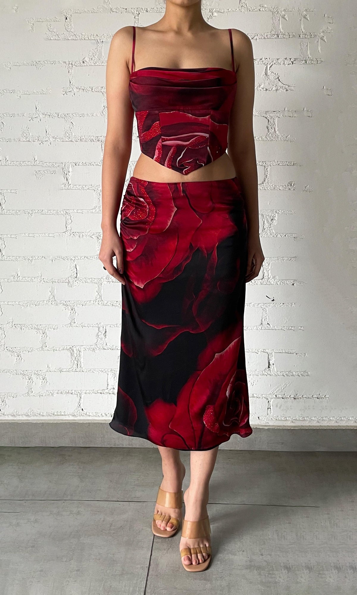 Womens | Naia Viscose Satin Embellished Skirt | Black Red