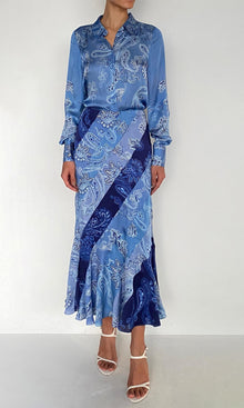 Rococo Sand | Navy Bemberg Cupro Satin Diagonal Panelled Midi Skirt | Navy