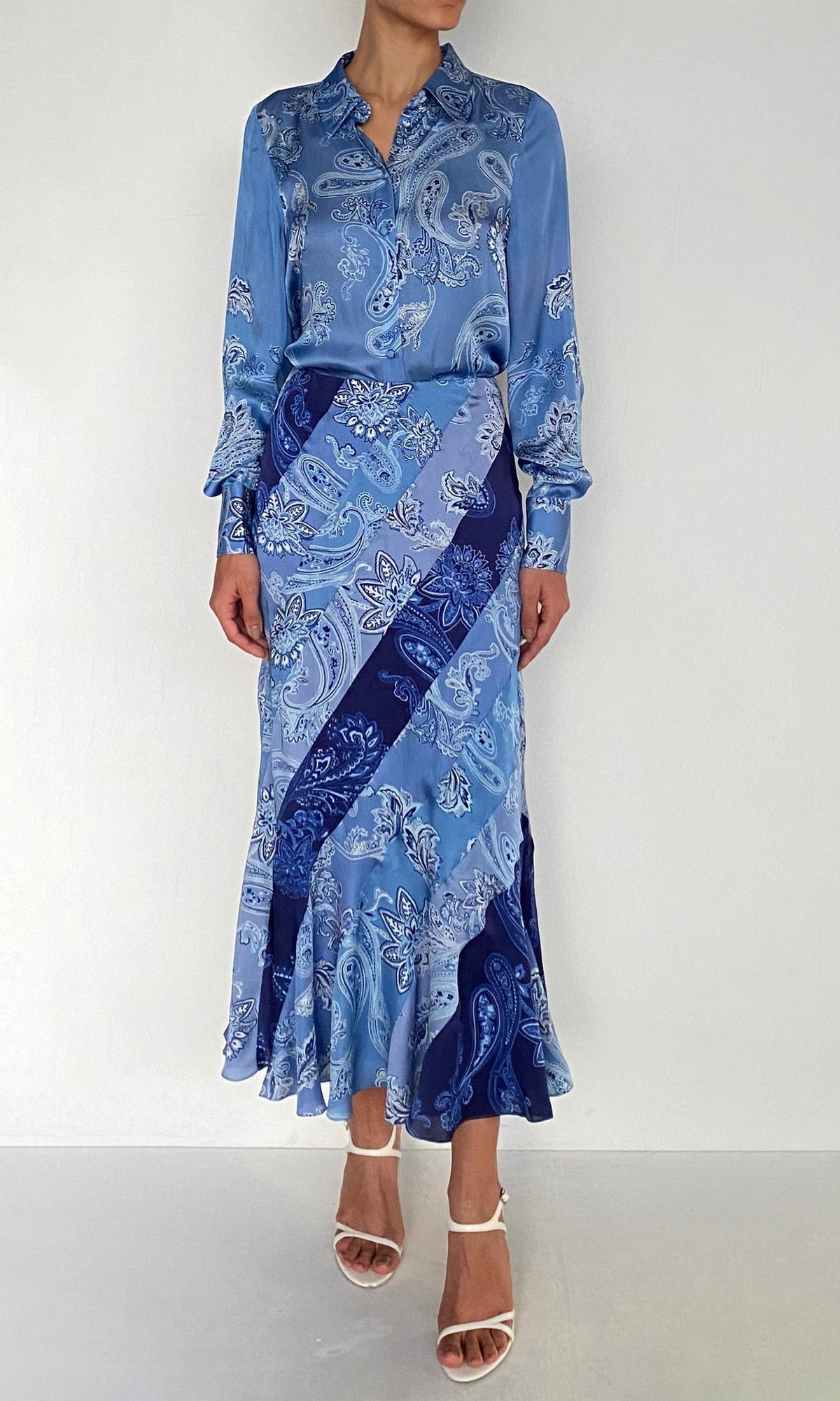 Rococo Sand | Navy Bemberg Cupro Satin Diagonal Panelled Midi Skirt | Navy