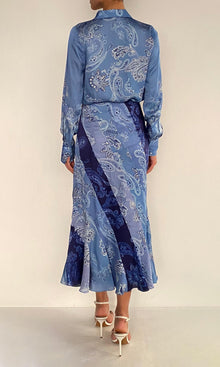 Rococo Sand | Navy Bemberg Cupro Satin Diagonal Panelled Midi Skirt | Navy