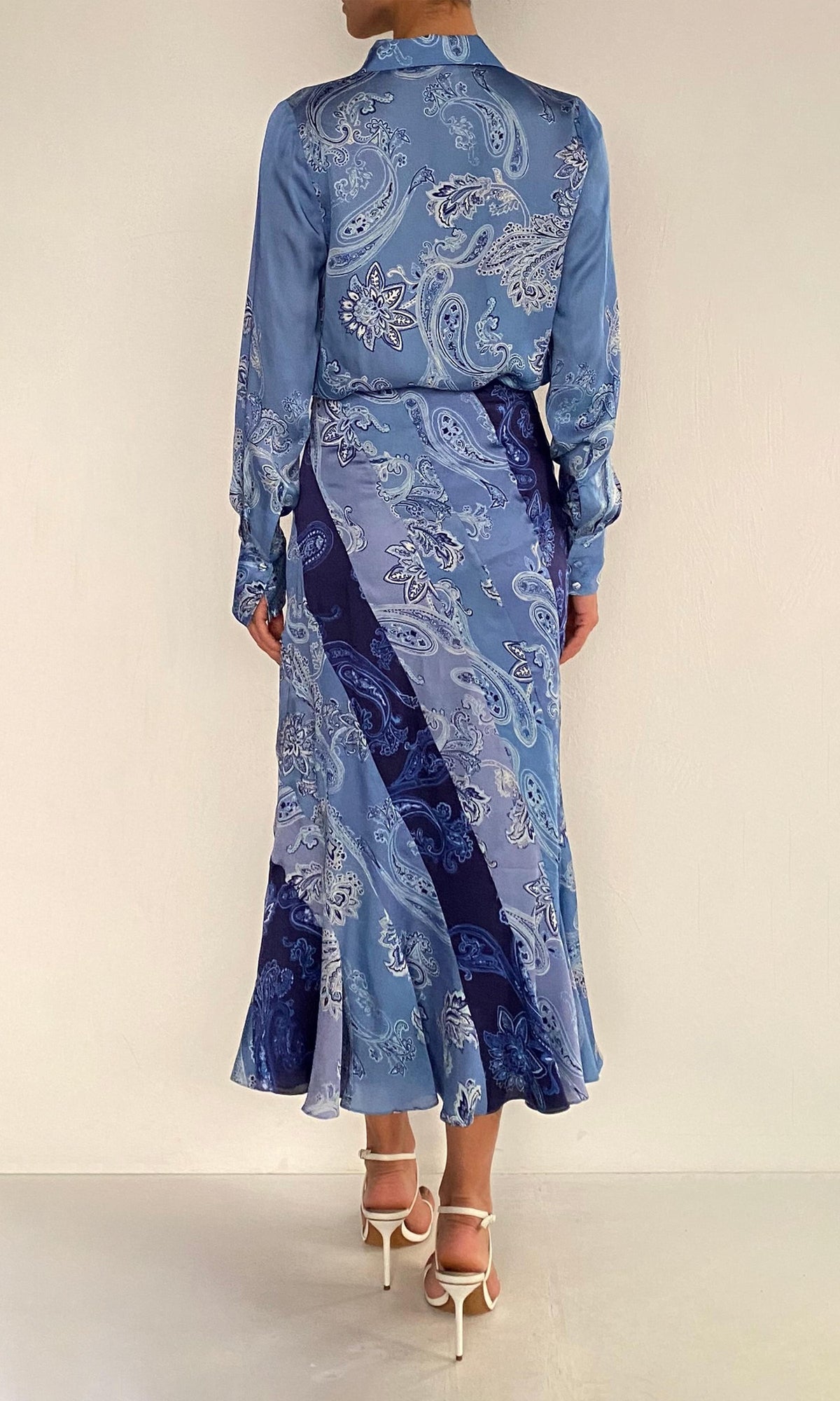 Rococo Sand | Navy Bemberg Cupro Satin Diagonal Panelled Midi Skirt | Navy