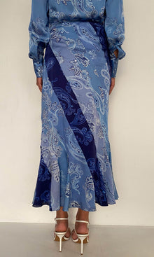 Rococo Sand | Navy Bemberg Cupro Satin Diagonal Panelled Midi Skirt | Navy