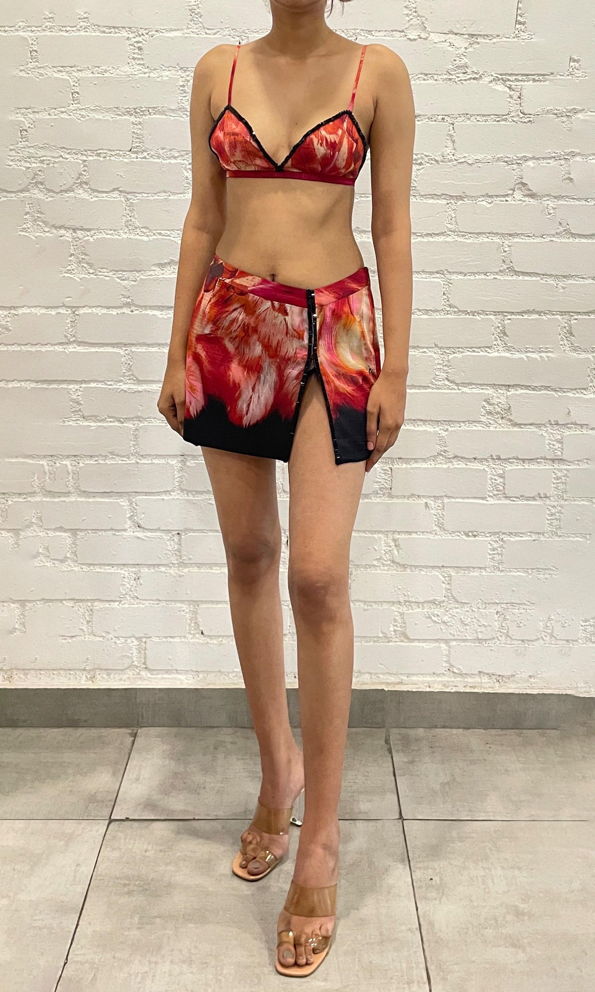Womens | Shia Viscose Satin Short Fitted Beaded Skirt | Black Pink Multi