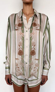 Rococo Sand | Taio Viscose Satin Over Sized Shirt | Off-White Green