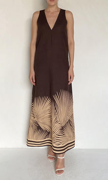 Womens | Taro Linen Cotton A Line Flared Maxi Dress | Brown