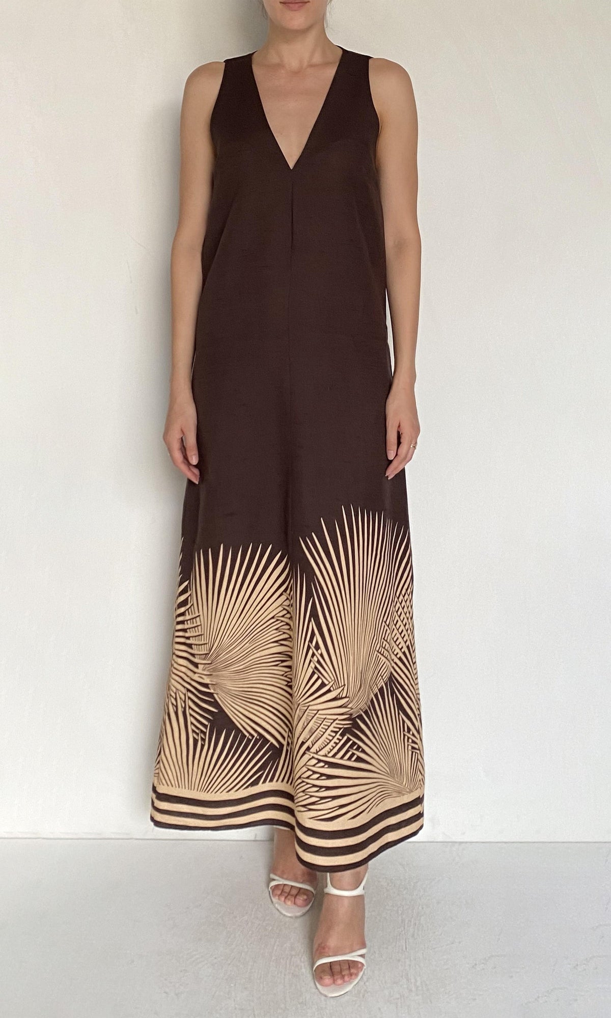 Womens | Taro Linen Cotton A Line Flared Maxi Dress | Brown