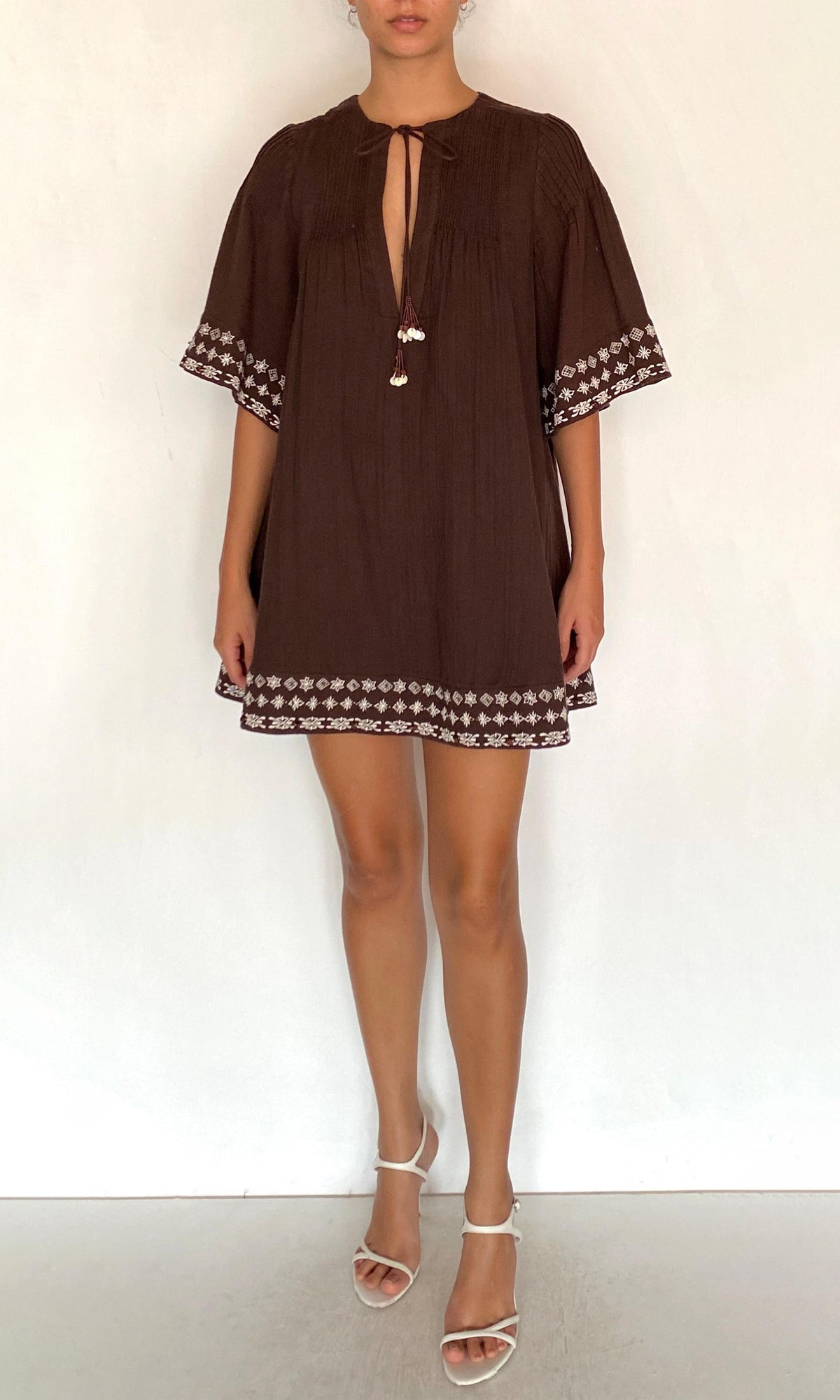 Rococo Sand | Taz Double Gauze Pintuck Detail Mini Dress | Brown