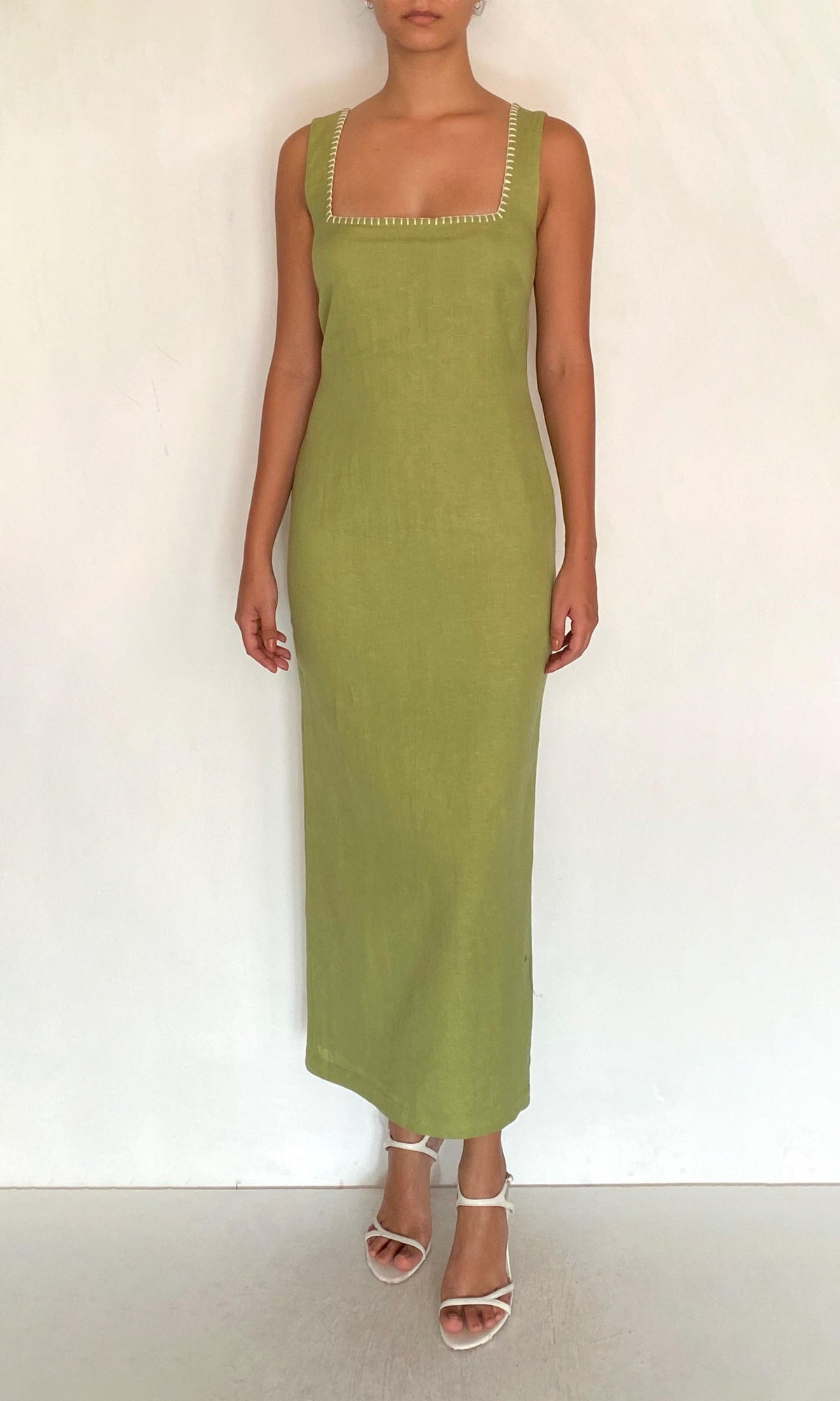Rococo Sand | Zin Linen Cotton Square Neck Midi Dress | Green