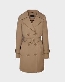 The Rudsak KIMBERLY - 8124801 Camel is a womens camel belted trench coat with wide lapels, buttoned cuffs, and a classic double-breasted design, shown against a plain light background. Timeless and water-repellant for any wardrobe.