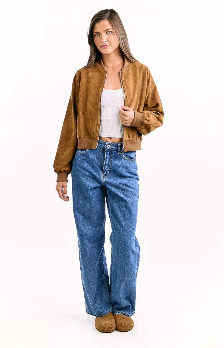 Rebecca Cuffed Suedette Bomber Jacket | Tan