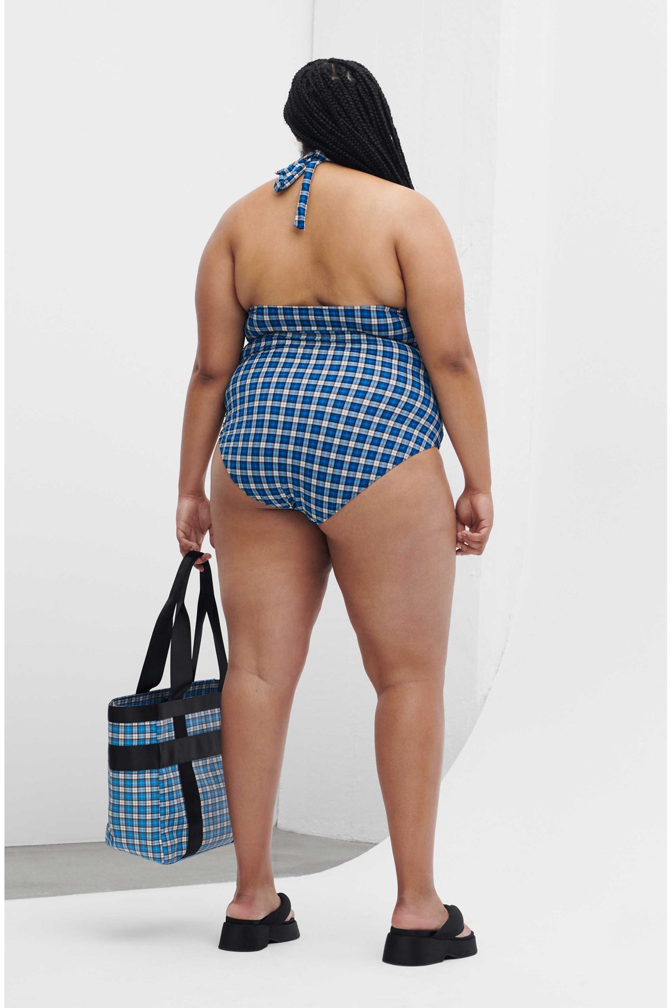 Recycled Seersucker Recycled Seersucker Frill Halterneck Swimsuit | Check Azure Blue