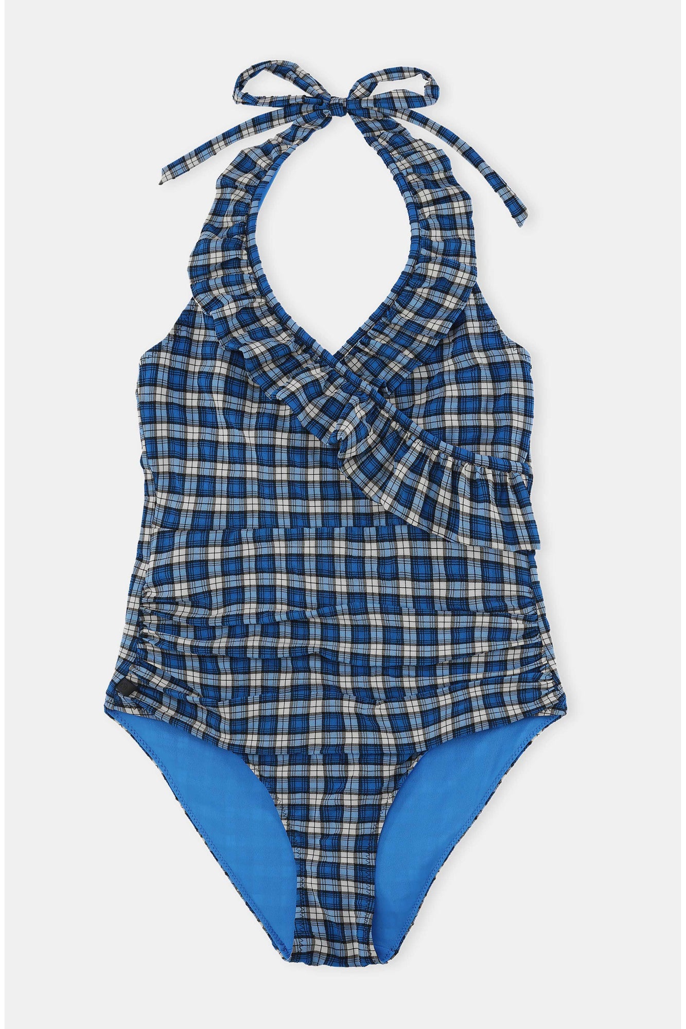Recycled Seersucker Recycled Seersucker Frill Halterneck Swimsuit | Check Azure Blue