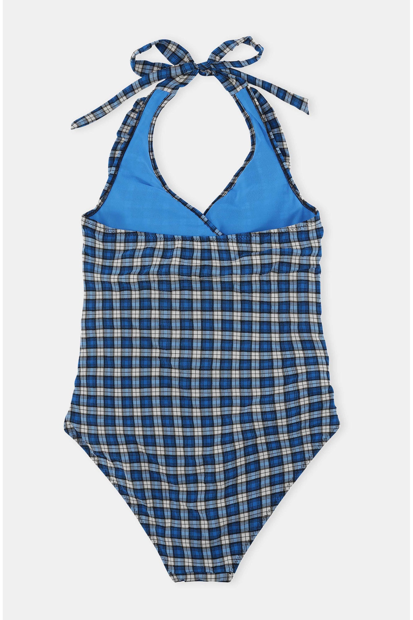 Recycled Seersucker Recycled Seersucker Frill Halterneck Swimsuit | Check Azure Blue