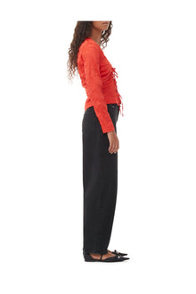 Red Crinkled Satin V neck Shirt | Grenadine